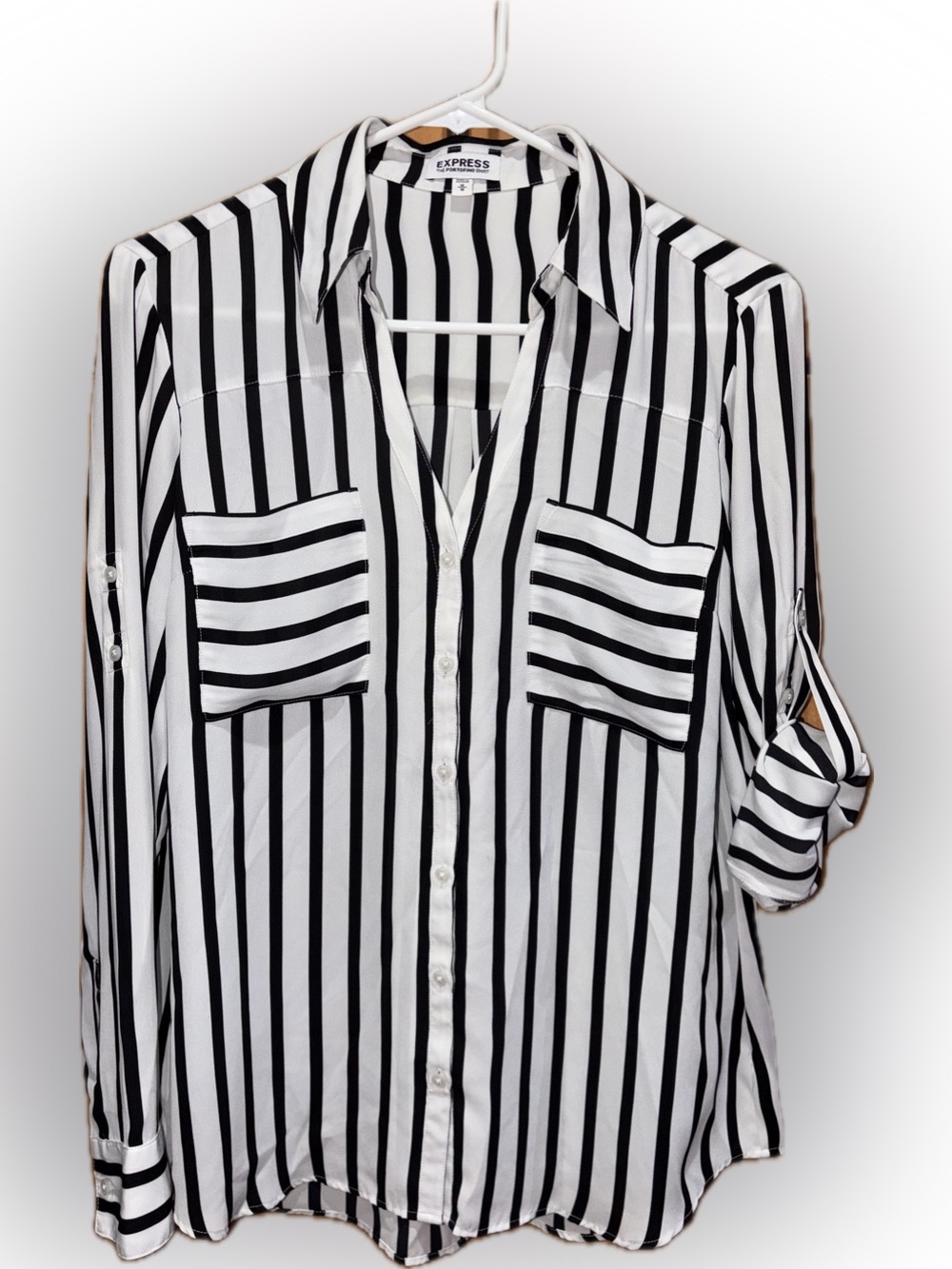 Express Portofino Black and White Vertical Stripe Button-Down Blouse M